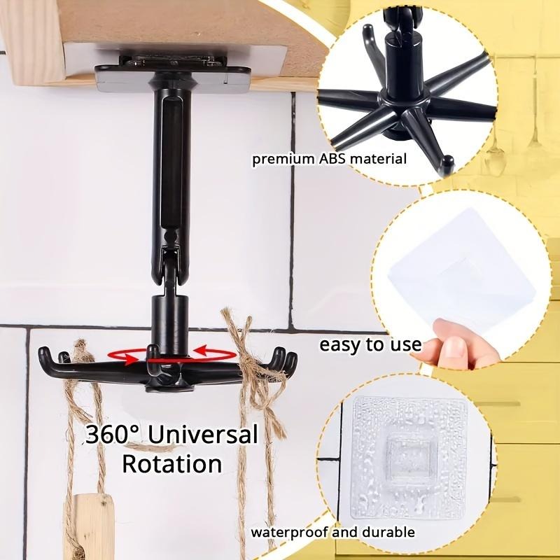 🔥2 Pieces 360 Rotating Folding Hook Multi-purpose Hanging Utensil Holder Hook 180 Degrees Vertical Flip Self-Adhesive Hook Utensil Rack with 6 Hooks for Kitchen Bathroom Cabinet Towel (Black, White)