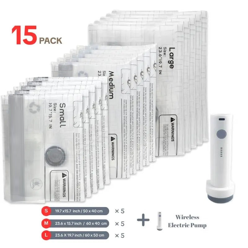 Travel Vacuum Compression Storage Bags with USB Rechargeable Electric Pump Ultra Compact Lightweight Space Savers for Clothing & Travel Essentials Zipper Pouches Outdoor Packing System Hand Organizer Holiday Variety Pack