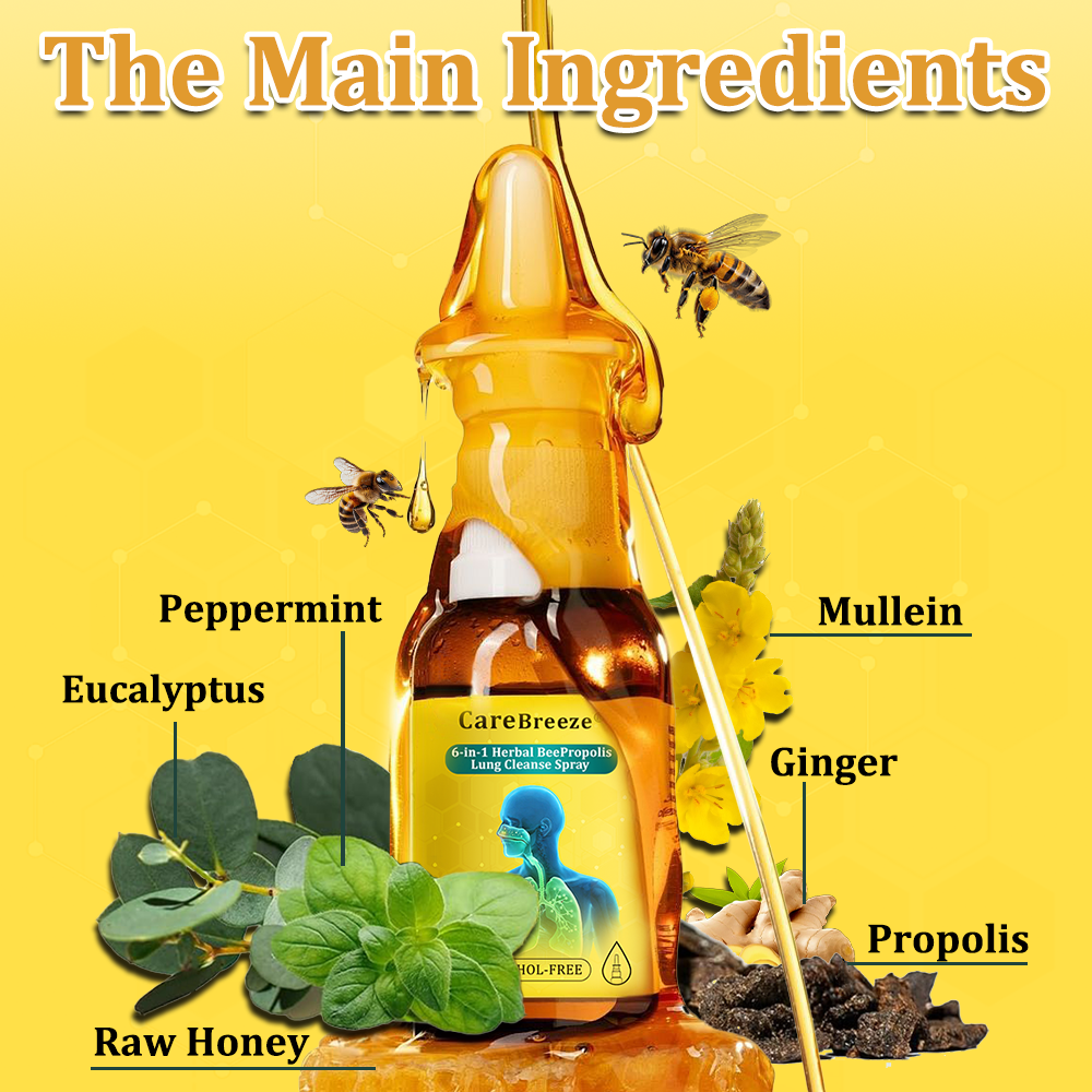 ⚡🐝✅UK Official Store:CareBreeze® 6-in-1 Herbal BeePropolis Lung Cleanse Spray（👨‍⚕️Directly acts on COPD, asthma, chronic bronchitis (CB), respiratory infections, lung cancer, sinusitis, and other conditions）