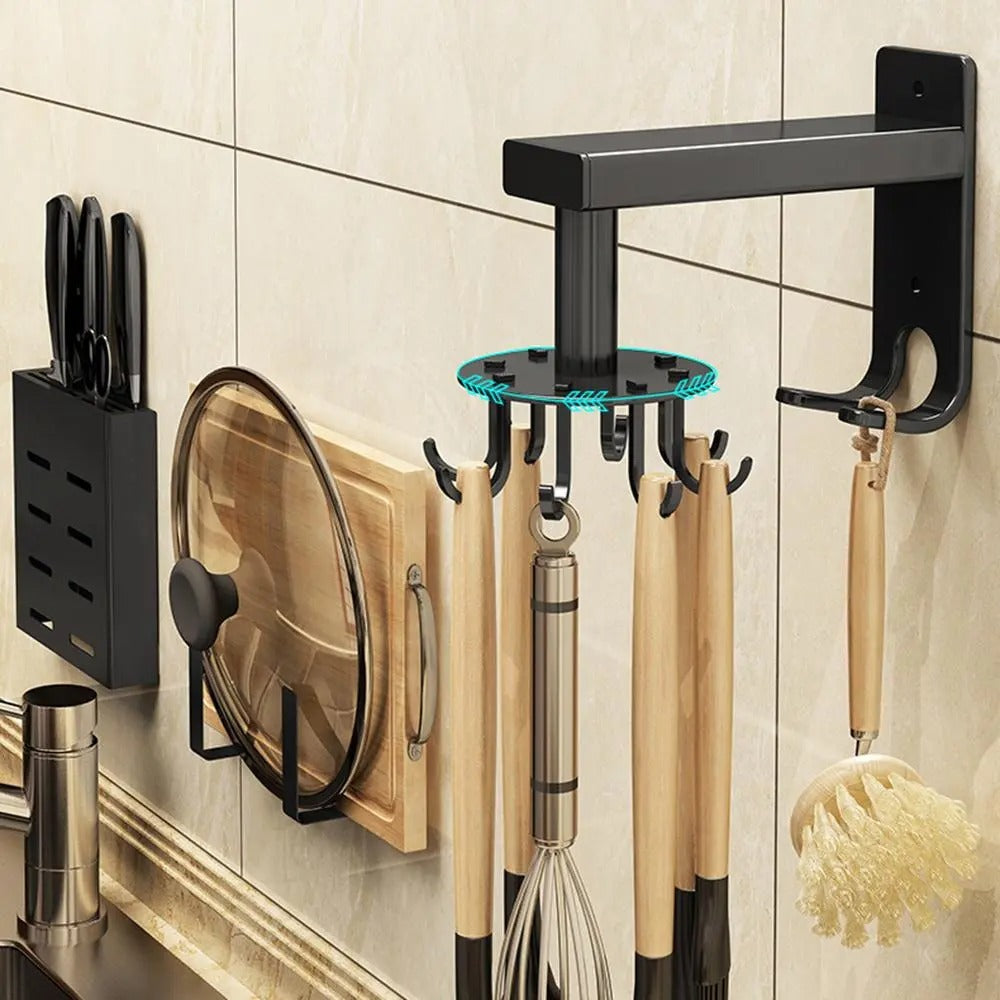 🔥2 Pieces 360 Rotating Folding Hook Multi-purpose Hanging Utensil Holder Hook 180 Degrees Vertical Flip Self-Adhesive Hook Utensil Rack with 6 Hooks for Kitchen Bathroom Cabinet Towel (Black, White)