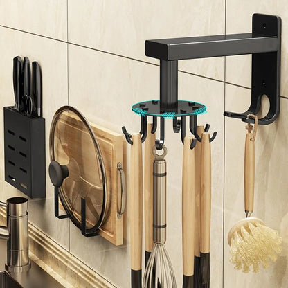 🔥2 Pieces 360 Rotating Folding Hook Multi-purpose Hanging Utensil Holder Hook 180 Degrees Vertical Flip Self-Adhesive Hook Utensil Rack with 6 Hooks for Kitchen Bathroom Cabinet Towel (Black, White)