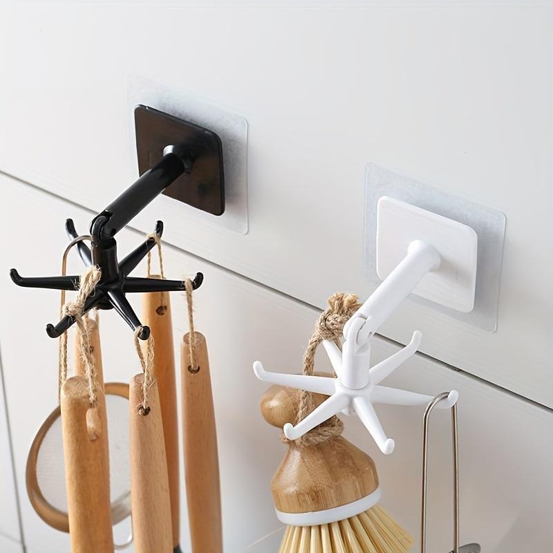 🔥2 Pieces 360 Rotating Folding Hook Multi-purpose Hanging Utensil Holder Hook 180 Degrees Vertical Flip Self-Adhesive Hook Utensil Rack with 6 Hooks for Kitchen Bathroom Cabinet Towel (Black, White)
