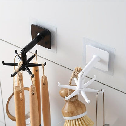 🔥2 Pieces 360 Rotating Folding Hook Multi-purpose Hanging Utensil Holder Hook 180 Degrees Vertical Flip Self-Adhesive Hook Utensil Rack with 6 Hooks for Kitchen Bathroom Cabinet Towel (Black, White)