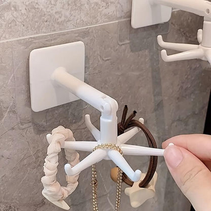 🔥2 Pieces 360 Rotating Folding Hook Multi-purpose Hanging Utensil Holder Hook 180 Degrees Vertical Flip Self-Adhesive Hook Utensil Rack with 6 Hooks for Kitchen Bathroom Cabinet Towel (Black, White)