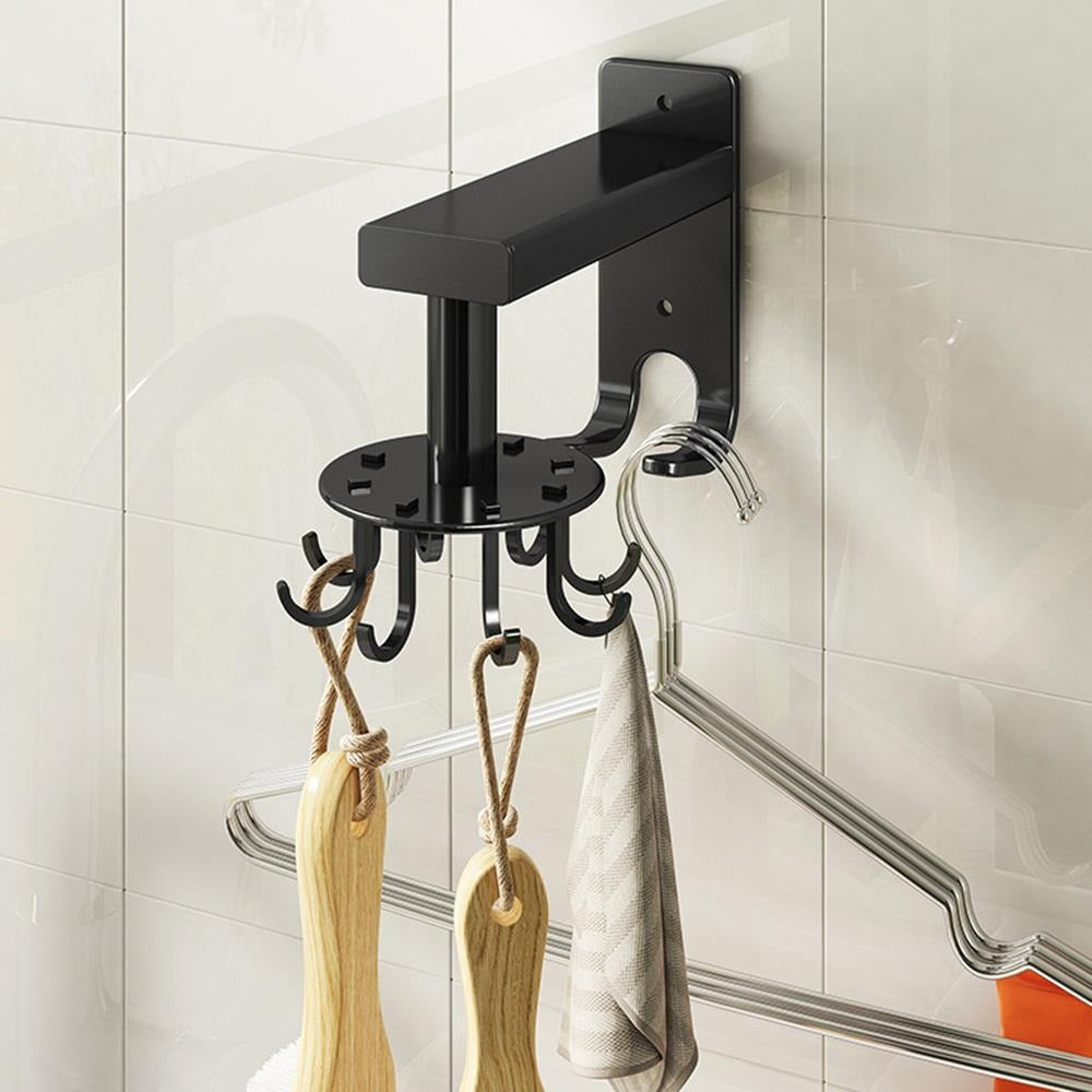 🔥2 Pieces 360 Rotating Folding Hook Multi-purpose Hanging Utensil Holder Hook 180 Degrees Vertical Flip Self-Adhesive Hook Utensil Rack with 6 Hooks for Kitchen Bathroom Cabinet Towel (Black, White)
