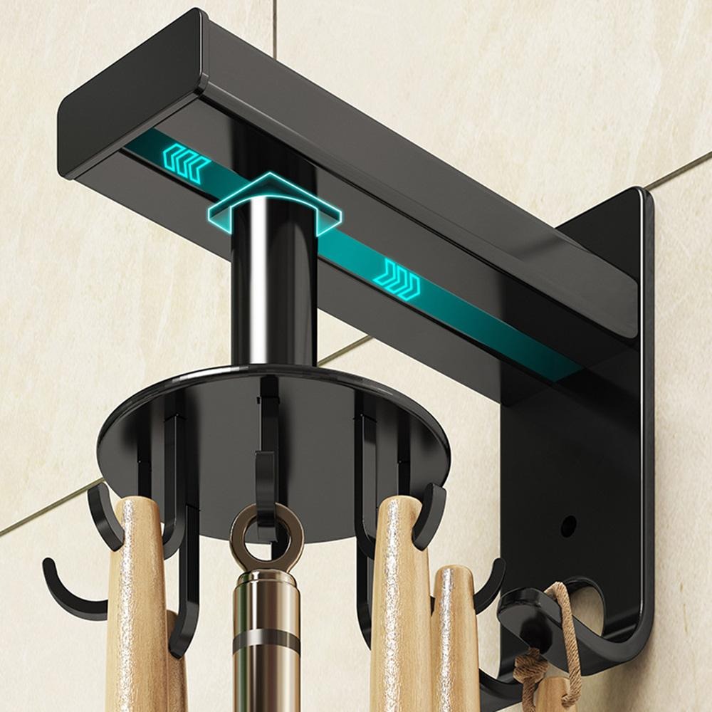 🔥2 Pieces 360 Rotating Folding Hook Multi-purpose Hanging Utensil Holder Hook 180 Degrees Vertical Flip Self-Adhesive Hook Utensil Rack with 6 Hooks for Kitchen Bathroom Cabinet Towel (Black, White)