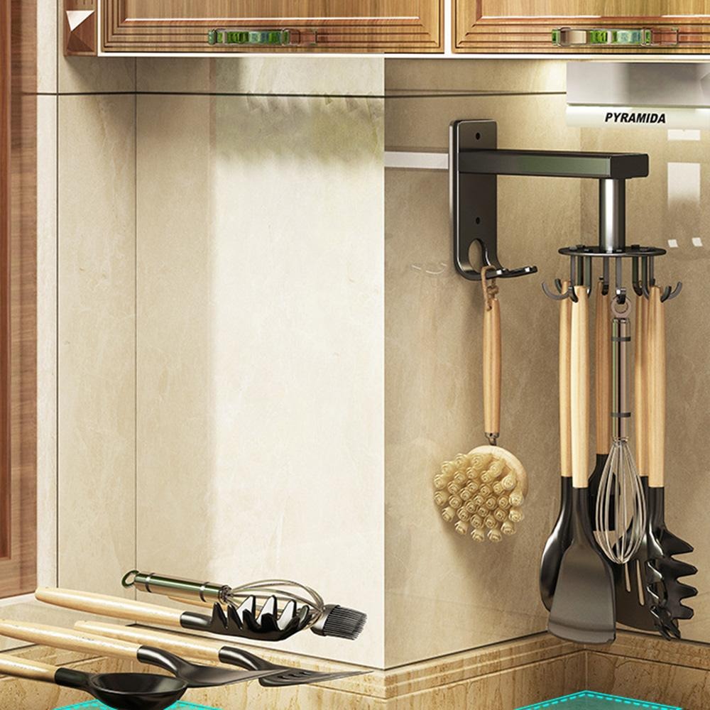 🔥2 Pieces 360 Rotating Folding Hook Multi-purpose Hanging Utensil Holder Hook 180 Degrees Vertical Flip Self-Adhesive Hook Utensil Rack with 6 Hooks for Kitchen Bathroom Cabinet Towel (Black, White)