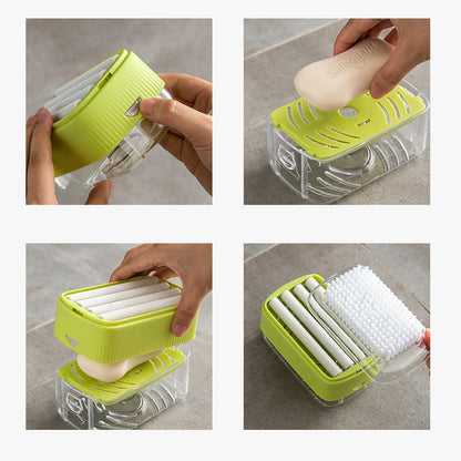 🔥Multifunctional Soap Foaming Box, Hand-Free Storage Soap Holder, Drainage Soap Dish with Rolling Brush, Laundry Brush Included