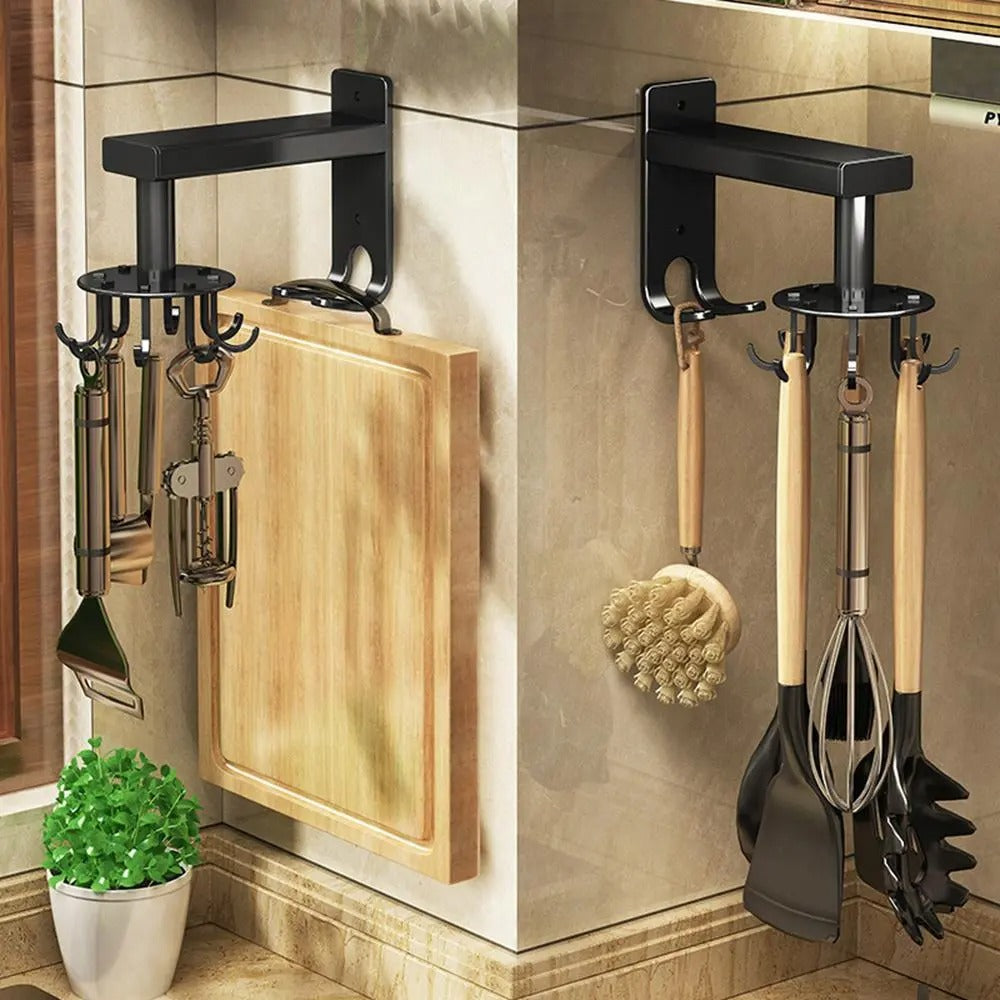 🔥2 Pieces 360 Rotating Folding Hook Multi-purpose Hanging Utensil Holder Hook 180 Degrees Vertical Flip Self-Adhesive Hook Utensil Rack with 6 Hooks for Kitchen Bathroom Cabinet Towel (Black, White)
