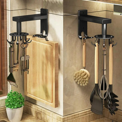 🔥2 Pieces 360 Rotating Folding Hook Multi-purpose Hanging Utensil Holder Hook 180 Degrees Vertical Flip Self-Adhesive Hook Utensil Rack with 6 Hooks for Kitchen Bathroom Cabinet Towel (Black, White)
