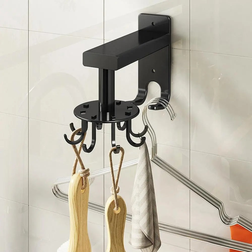 🔥2 Pieces 360 Rotating Folding Hook Multi-purpose Hanging Utensil Holder Hook 180 Degrees Vertical Flip Self-Adhesive Hook Utensil Rack with 6 Hooks for Kitchen Bathroom Cabinet Towel (Black, White)
