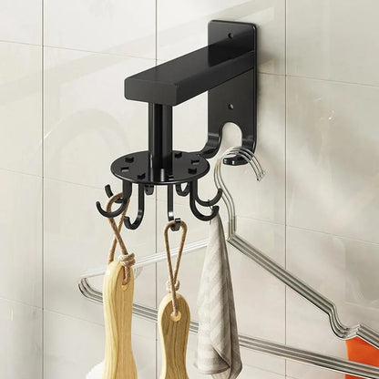 🔥2 Pieces 360 Rotating Folding Hook Multi-purpose Hanging Utensil Holder Hook 180 Degrees Vertical Flip Self-Adhesive Hook Utensil Rack with 6 Hooks for Kitchen Bathroom Cabinet Towel (Black, White)